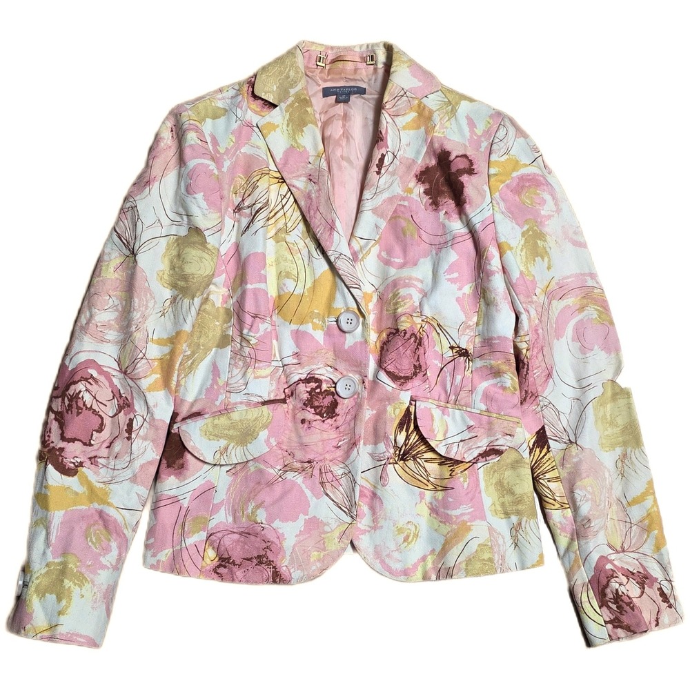 Ann Taylor Petites Floral Blazer Jacket Women's Size 2P Pink Yellow Linen Cotton